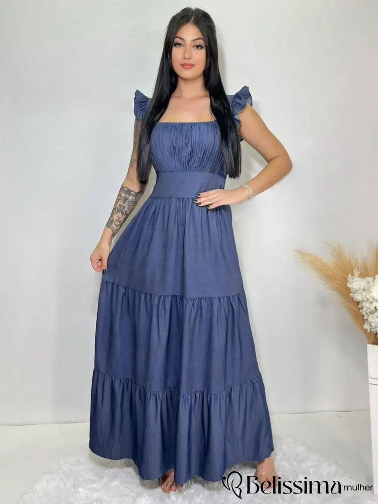 Vestido Longo Jeans Elegante com Babados na Manga e Detalhes de Luxo