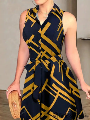 Vestido com Botões Frontais, Estampa Abstrata, Casual, Cintura Ajustada e Gola de Lapela